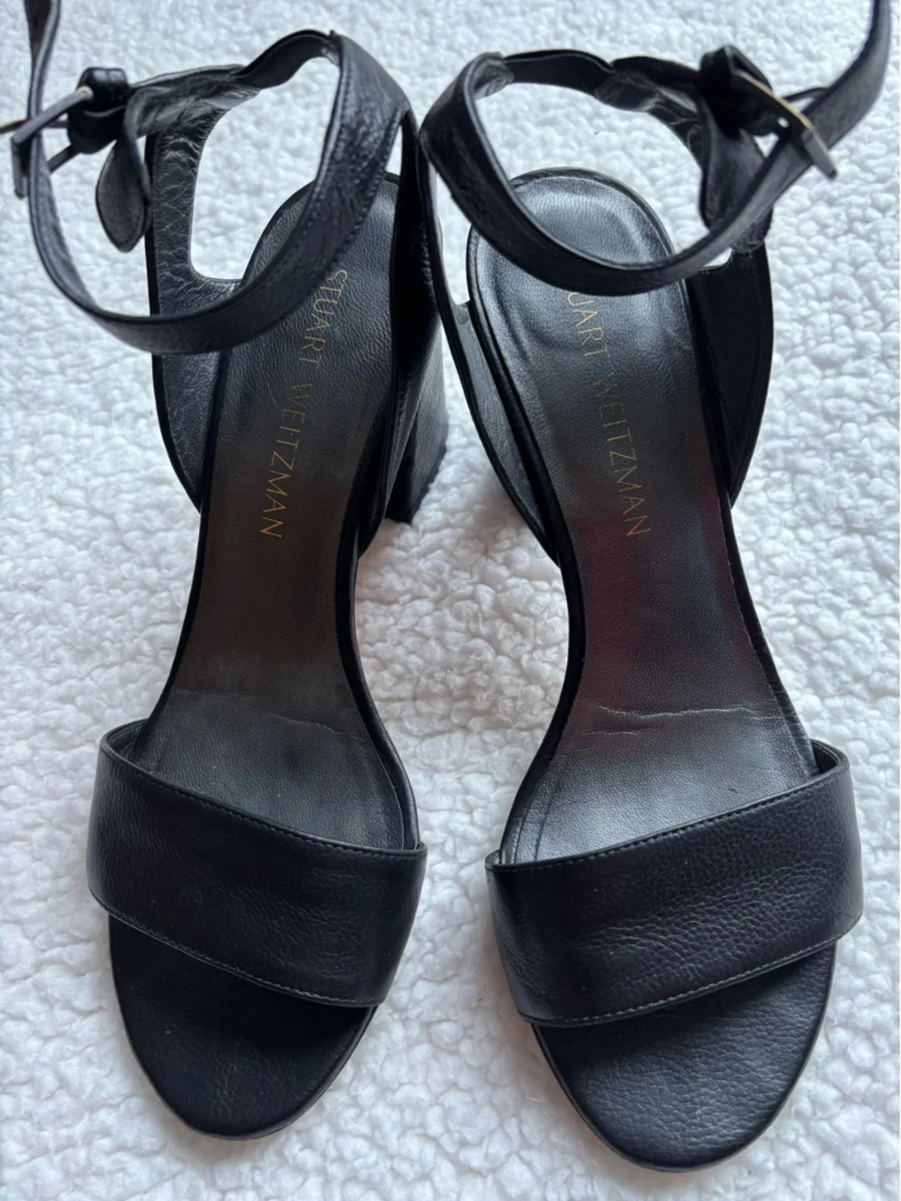 Stuart Weitzman Designer Black Ankle-Strap Block Heel Leather Sandals size 7.5M - Picture 2 of 5